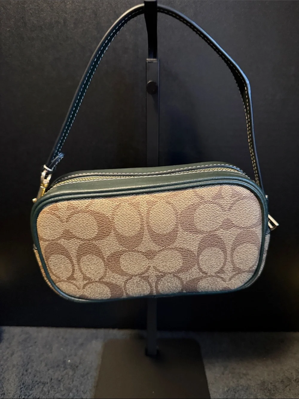 Coach Mini Shoulder Bag in Tan Signature Canvas with Black Trim